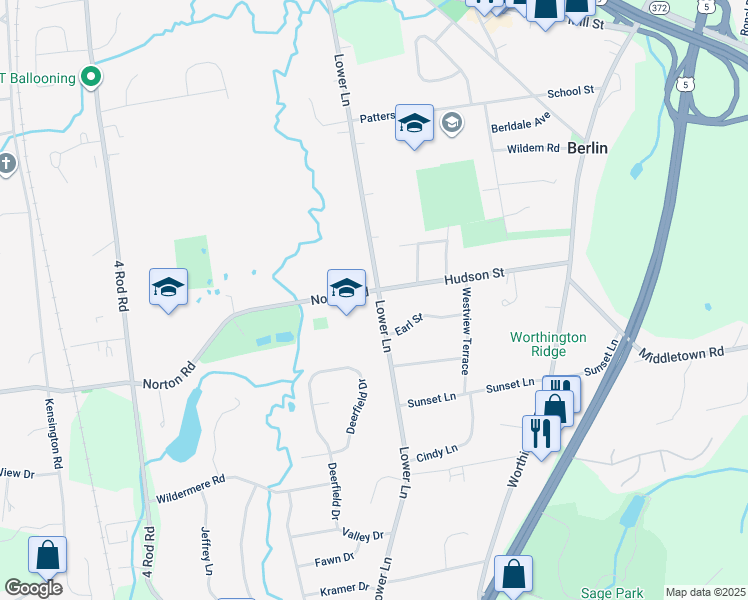 map of restaurants, bars, coffee shops, grocery stores, and more near 490 Lower Lane in Berlin