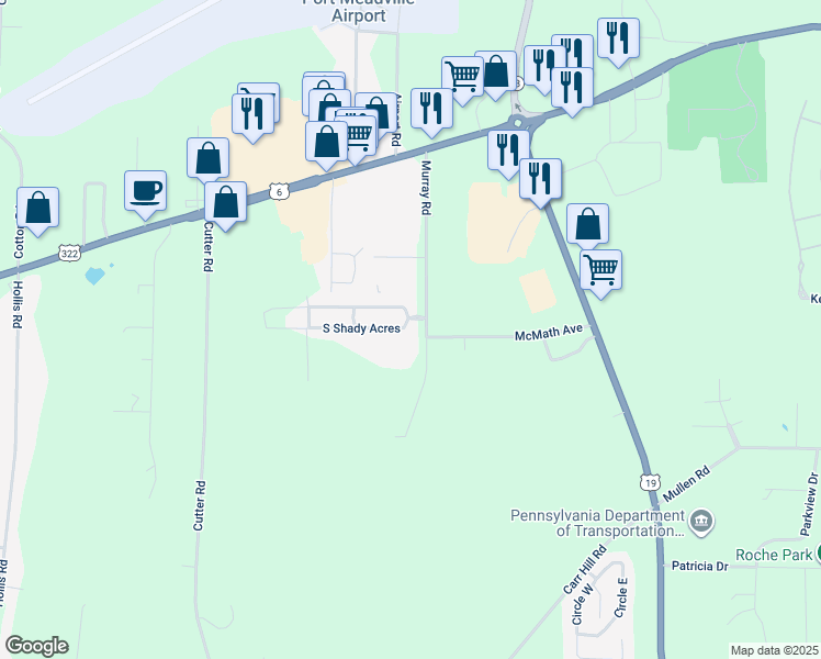 map of restaurants, bars, coffee shops, grocery stores, and more near 10733-10927 Murray Rd in Meadville