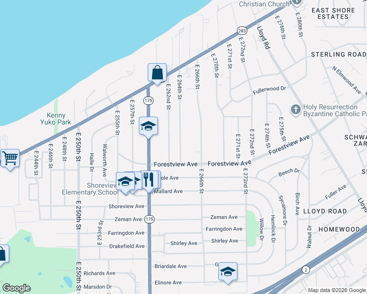 map of restaurants, bars, coffee shops, grocery stores, and more near 26531 Forestview Avenue in Euclid