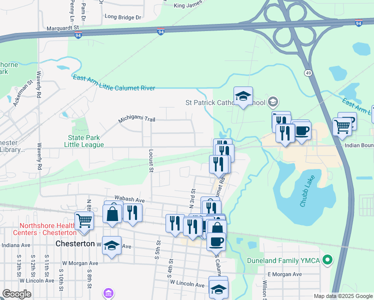 map of restaurants, bars, coffee shops, grocery stores, and more near 301-398 Brown Ct in Chesterton