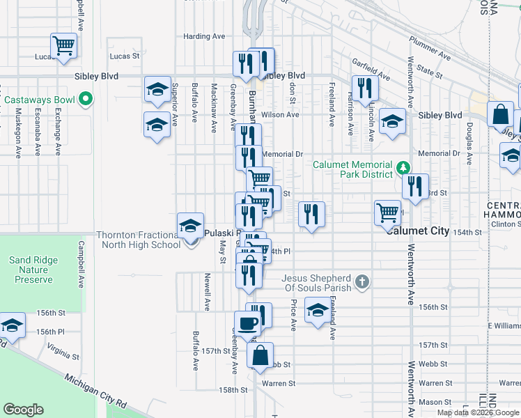 map of restaurants, bars, coffee shops, grocery stores, and more near 666 Hirsch Avenue in Calumet City