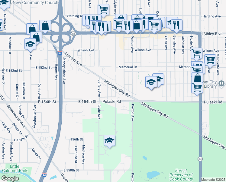 map of restaurants, bars, coffee shops, grocery stores, and more near 676 Clyde Avenue in Calumet City