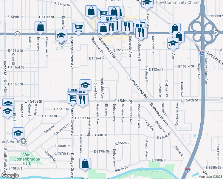 map of restaurants, bars, coffee shops, grocery stores, and more near 15352 Ellis Avenue in South Holland