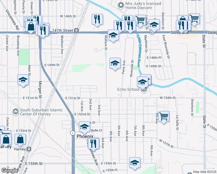 map of restaurants, bars, coffee shops, grocery stores, and more near 15339 South Wallace Avenue in South Holland