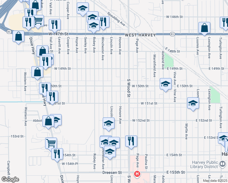 map of restaurants, bars, coffee shops, grocery stores, and more near 15029 Lincoln Avenue in Harvey