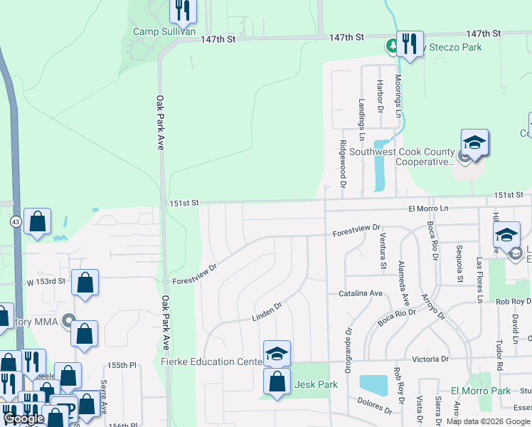 map of restaurants, bars, coffee shops, grocery stores, and more near 6528 Cedar Road in Oak Forest