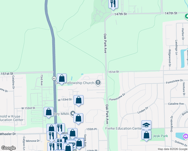 map of restaurants, bars, coffee shops, grocery stores, and more near 6830 Ridge Point Drive in Oak Forest