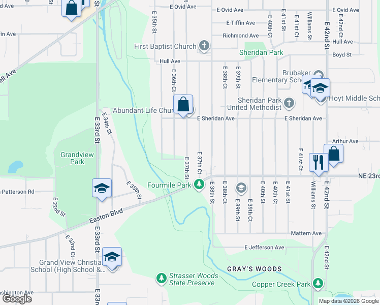 map of restaurants, bars, coffee shops, grocery stores, and more near 2322 East 37th Court in Des Moines