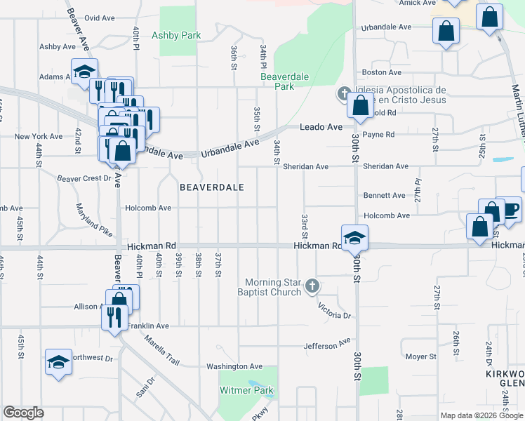 map of restaurants, bars, coffee shops, grocery stores, and more near 2407 35th Street in Des Moines