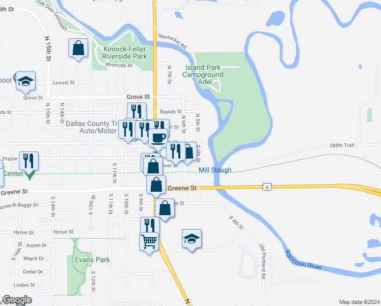 map of restaurants, bars, coffee shops, grocery stores, and more near 505 Prairie Street in Adel