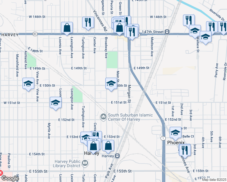 map of restaurants, bars, coffee shops, grocery stores, and more near 15001 Broadway Avenue in Harvey