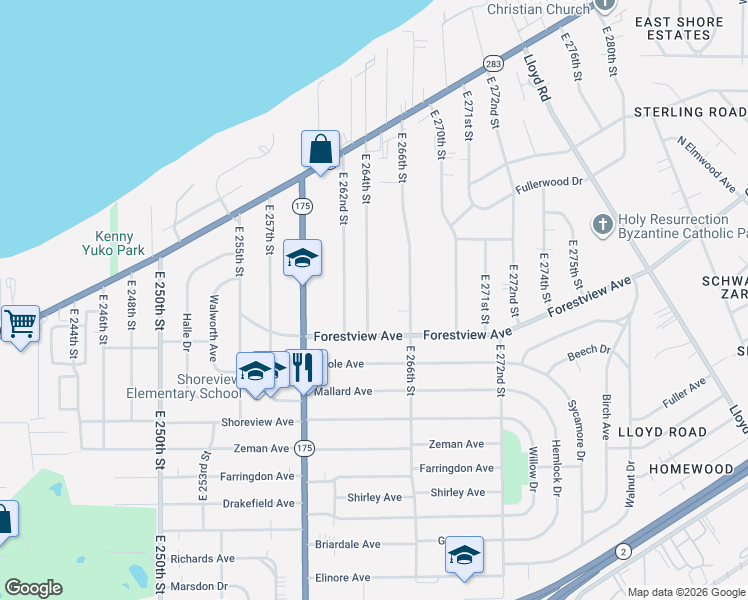 map of restaurants, bars, coffee shops, grocery stores, and more near 26531 Forestview Avenue in Euclid