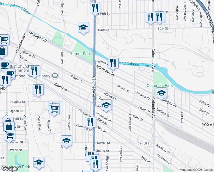 map of restaurants, bars, coffee shops, grocery stores, and more near 850 Indiana Street in Hammond