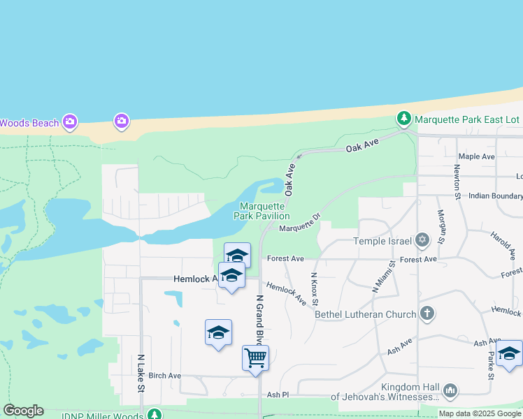 map of restaurants, bars, coffee shops, grocery stores, and more near 1 North Grand Boulevard in Gary
