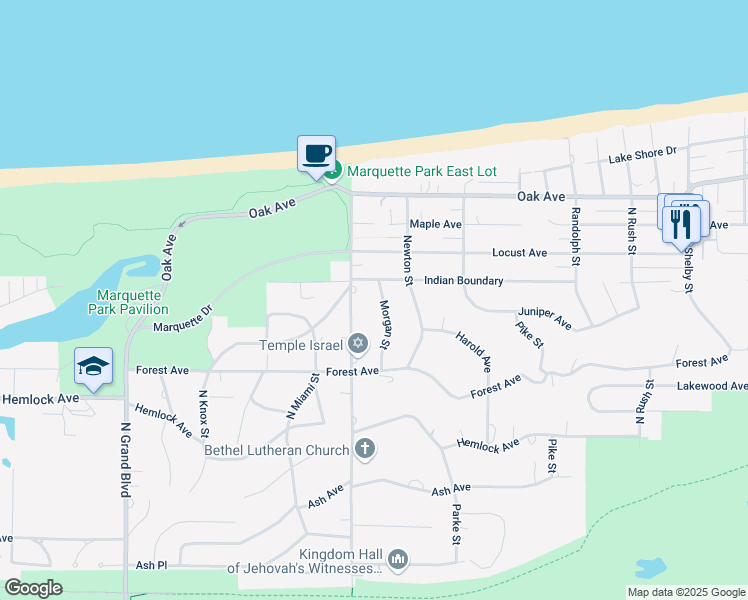 map of restaurants, bars, coffee shops, grocery stores, and more near 710 Morgan St in Gary