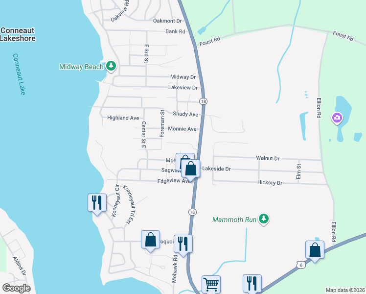 map of restaurants, bars, coffee shops, grocery stores, and more near Mohawk Drive Ext in Conneaut Lake
