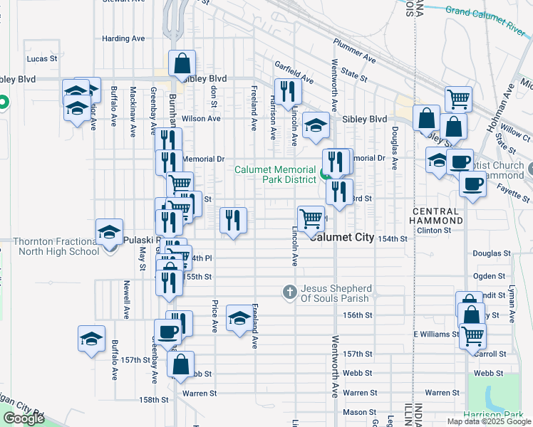 map of restaurants, bars, coffee shops, grocery stores, and more near 333 153rd Place in Calumet City