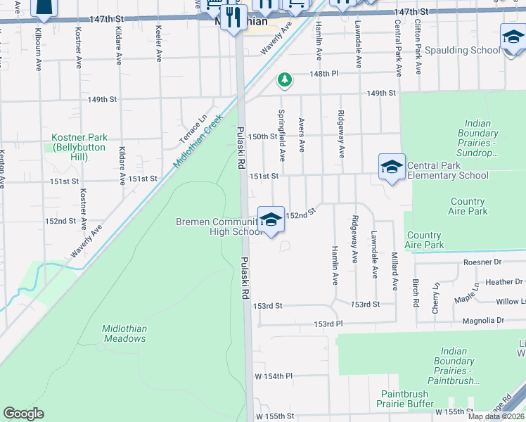 map of restaurants, bars, coffee shops, grocery stores, and more near 15203 Pulaski Road in Midlothian