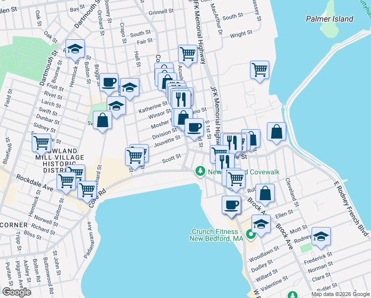 map of restaurants, bars, coffee shops, grocery stores, and more near 27 County Street in New Bedford