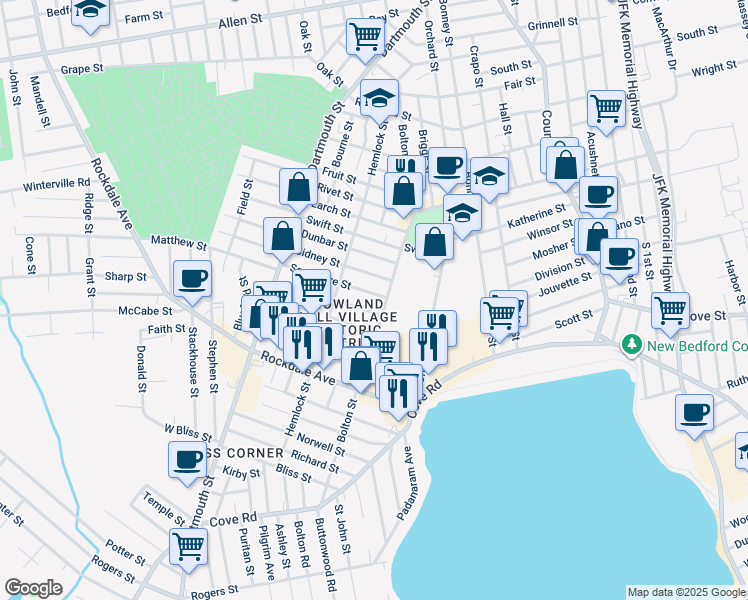 map of restaurants, bars, coffee shops, grocery stores, and more near 325 Bolton Street in New Bedford