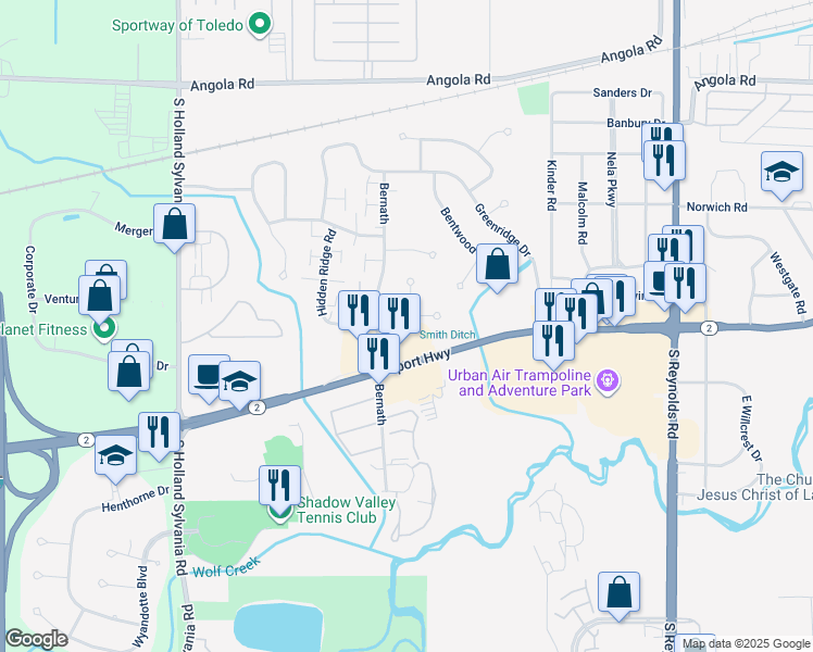 map of restaurants, bars, coffee shops, grocery stores, and more near 5564 Airport Highway in Toledo