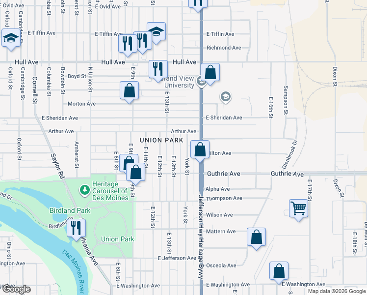 map of restaurants, bars, coffee shops, grocery stores, and more near 2327 York Street in Des Moines