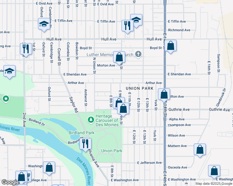 map of restaurants, bars, coffee shops, grocery stores, and more near 2331 East 8th Street in Des Moines