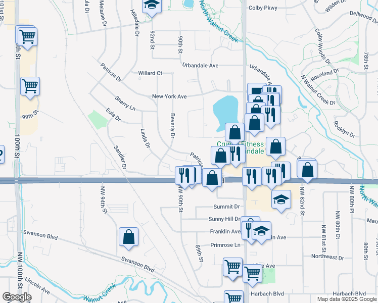 map of restaurants, bars, coffee shops, grocery stores, and more near 2608 Patricia Drive in Urbandale