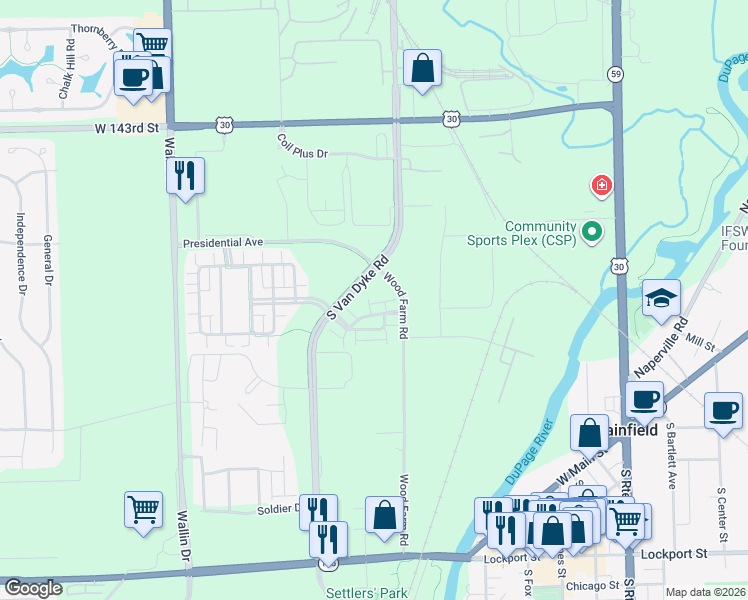map of restaurants, bars, coffee shops, grocery stores, and more near 14642 Paul Revere Lane in Plainfield