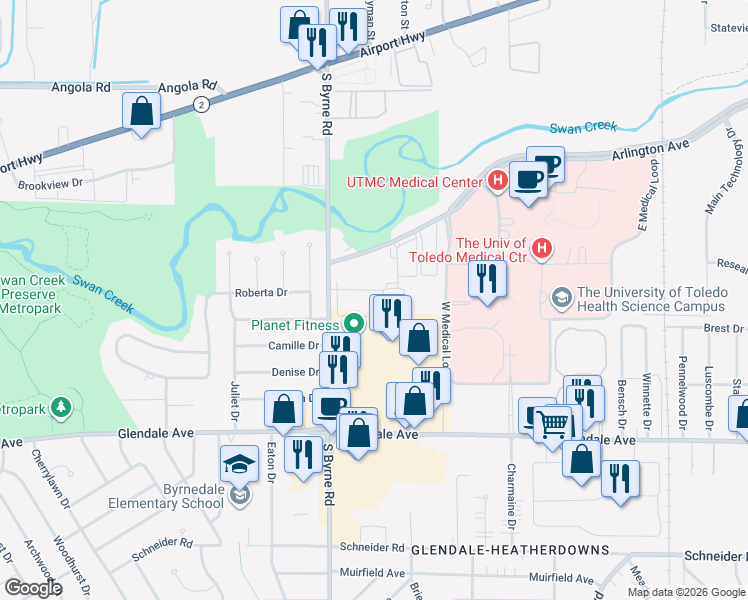 map of restaurants, bars, coffee shops, grocery stores, and more near 1255 South Byrne Road in Toledo