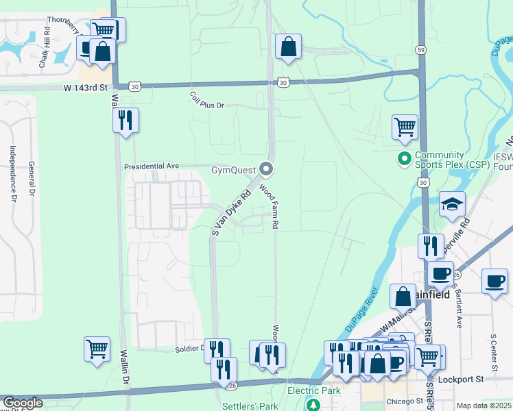 map of restaurants, bars, coffee shops, grocery stores, and more near 14642 Paul Revere Lane in Plainfield