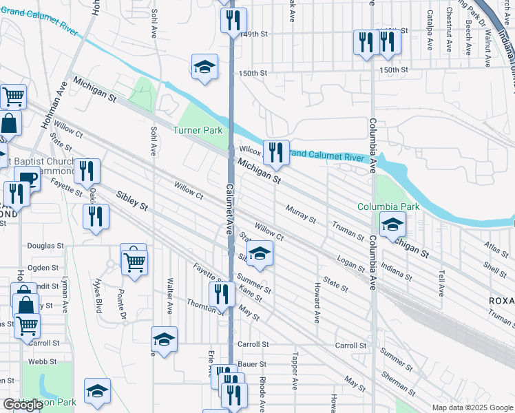 map of restaurants, bars, coffee shops, grocery stores, and more near 844 Indiana Street in Hammond