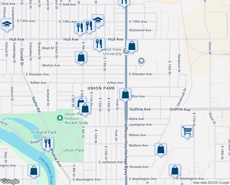 map of restaurants, bars, coffee shops, grocery stores, and more near 2327 York Street in Des Moines
