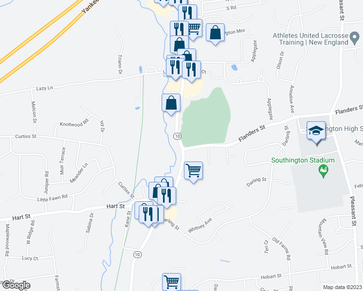 map of restaurants, bars, coffee shops, grocery stores, and more near 6 Queen Street in Southington