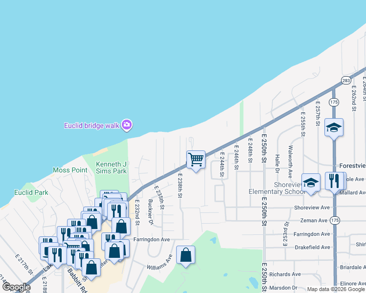 map of restaurants, bars, coffee shops, grocery stores, and more near 151 East 238th Street in Euclid