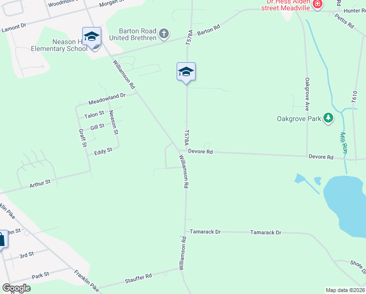 map of restaurants, bars, coffee shops, grocery stores, and more near 10646-10682 Williamson Rd in Meadville