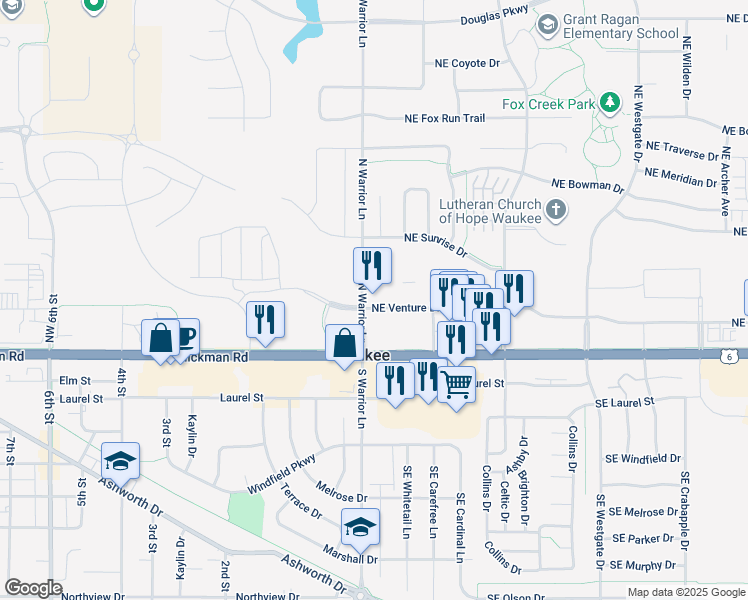 map of restaurants, bars, coffee shops, grocery stores, and more near 105 North Warrior Lane in Waukee