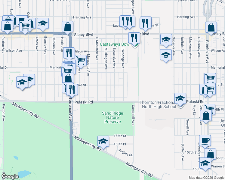map of restaurants, bars, coffee shops, grocery stores, and more near 679 Muskegon Avenue in Calumet City