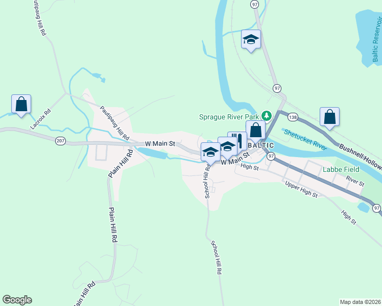 map of restaurants, bars, coffee shops, grocery stores, and more near 128 West Main Street in Sprague