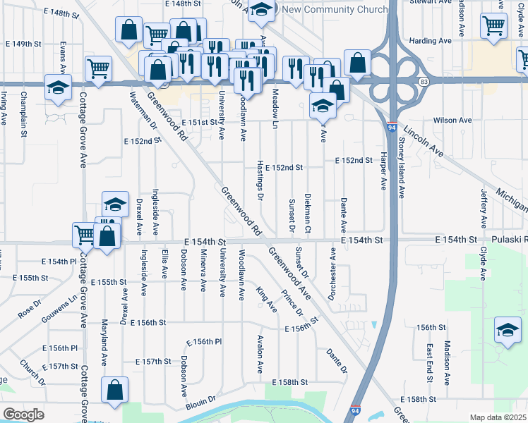 map of restaurants, bars, coffee shops, grocery stores, and more near 15311 Hastings Drive in Dolton