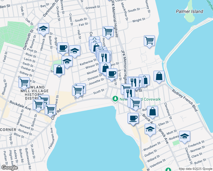 map of restaurants, bars, coffee shops, grocery stores, and more near 27 County Street in New Bedford