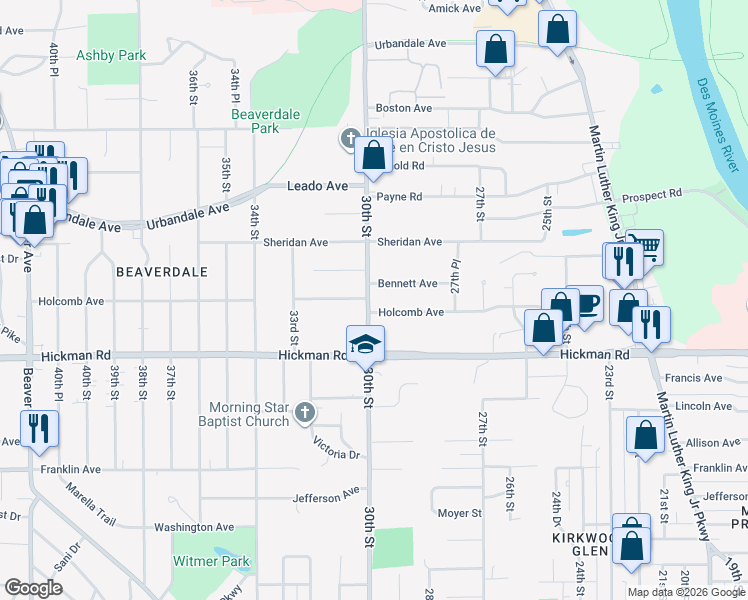 map of restaurants, bars, coffee shops, grocery stores, and more near 2404 30th Street in Des Moines