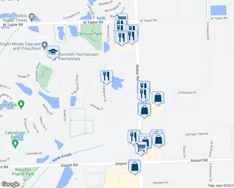 map of restaurants, bars, coffee shops, grocery stores, and more near 1368 South Alder Creek Drive in Romeoville