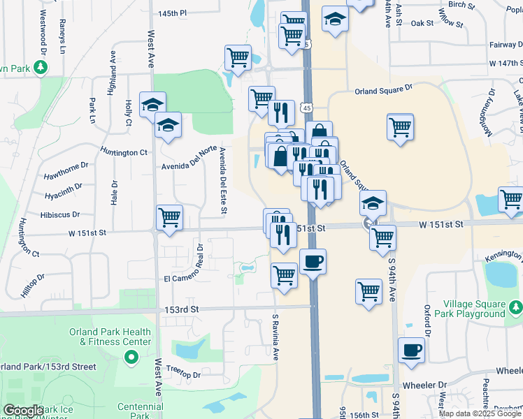 map of restaurants, bars, coffee shops, grocery stores, and more near 15010 South Ravinia Avenue in Orland Park
