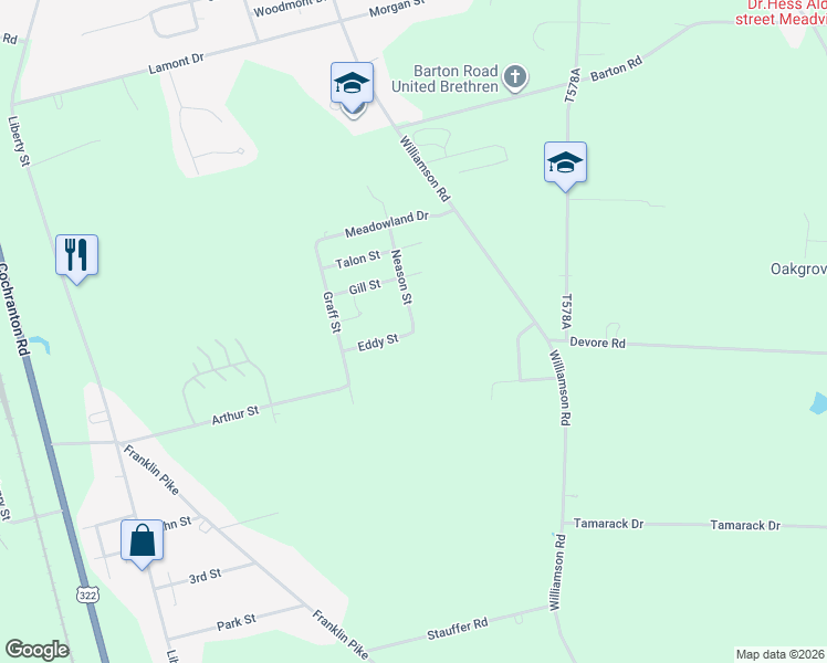 map of restaurants, bars, coffee shops, grocery stores, and more near 10801 Neason Street in Meadville