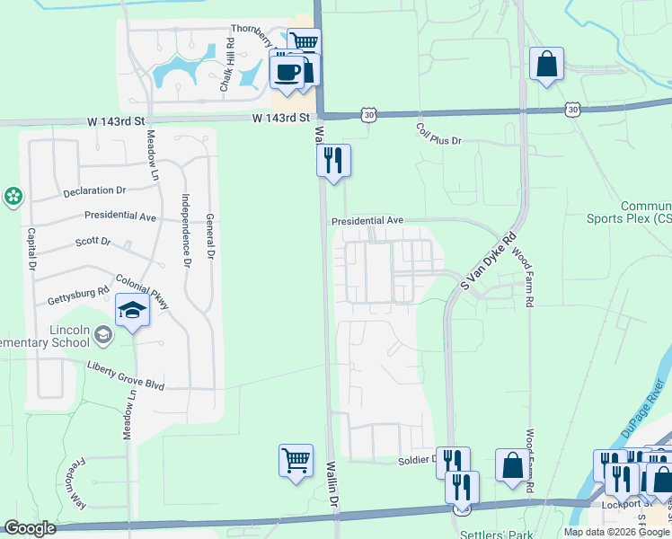 map of restaurants, bars, coffee shops, grocery stores, and more near 14530 Thomas Jefferson Dr in Plainfield