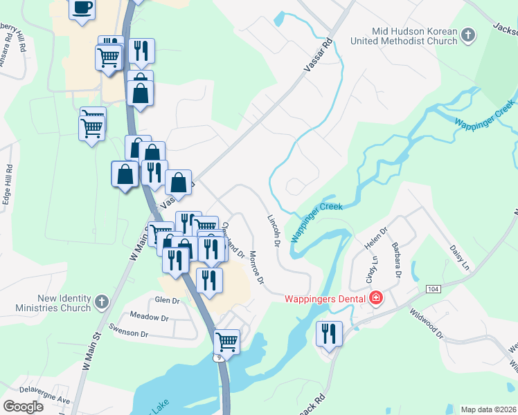 map of restaurants, bars, coffee shops, grocery stores, and more near 15 Lincoln Drive in Poughkeepsie