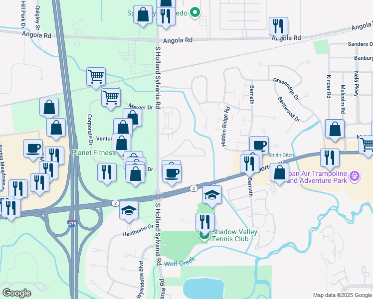 map of restaurants, bars, coffee shops, grocery stores, and more near 5987 Thunder Hollow Drive in Toledo