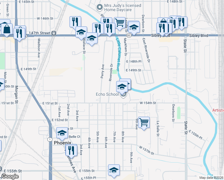 map of restaurants, bars, coffee shops, grocery stores, and more near 14947 Riverside Drive in South Holland