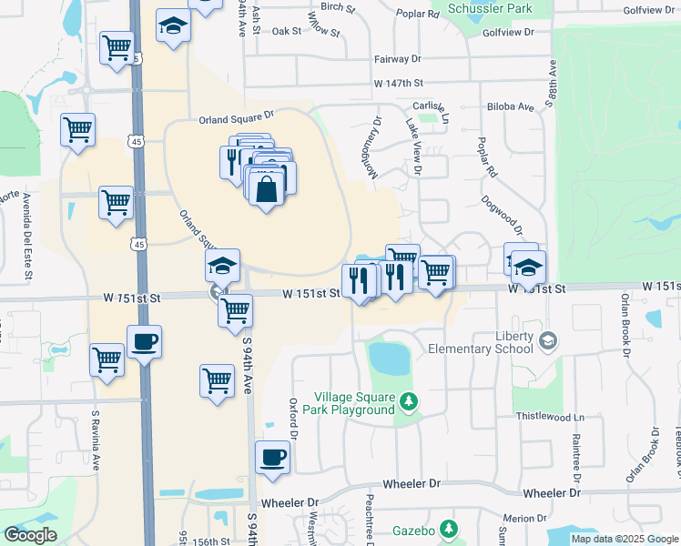 map of restaurants, bars, coffee shops, grocery stores, and more near 62 Orland Square Dr in Orland Park